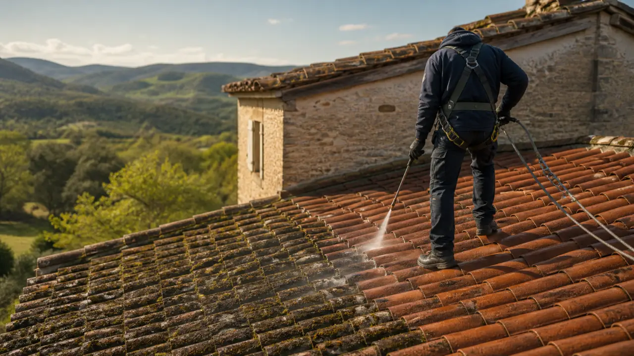 Professionnel équipé d’un harnais nettoyant une toiture en tuiles couverte de mousses